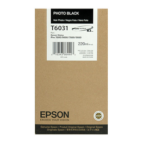 The Epson Photo Black Ultrachrome K3 Ink Cartridge (220 ml, T603100) is designed for archival prints in Stylus Pro 7800/9800/7880/9880 printers, featuring multi-language branding and product details on the brown box.