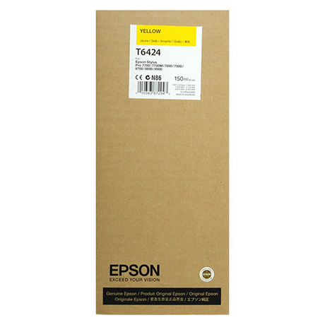 A brown cardboard box labeled Epson Yellow Ink Ultrachrome HDR Cartridge - 150ml - T642400, featuring product details and a yellow label at the top. Designed for Epson Stylus Pro printers, by Epson.