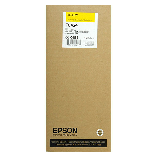 A brown cardboard box labeled Epson Yellow Ink Ultrachrome HDR Cartridge - 150ml - T642400, featuring product details and a yellow label at the top. Designed for Epson Stylus Pro printers, by Epson.