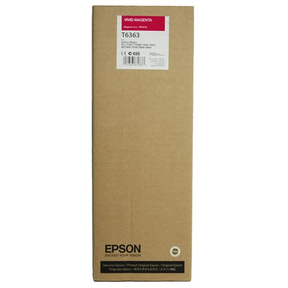 A rectangular brown Epson ink box with a pink "Vivid Magenta T6363" label at the top. It contains Epson Vivid Magenta UltraChrome HDR Ink Cartridge (700ml, T636300), for Stylus Pro printers, featuring Epson branding and details below.
