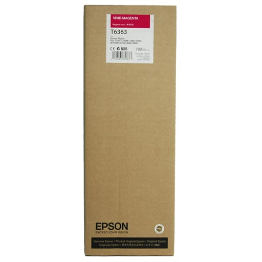 A rectangular brown Epson ink box with a pink "Vivid Magenta T6363" label at the top. It contains Epson Vivid Magenta UltraChrome HDR Ink Cartridge (700ml, T636300), for Stylus Pro printers, featuring Epson branding and details below.