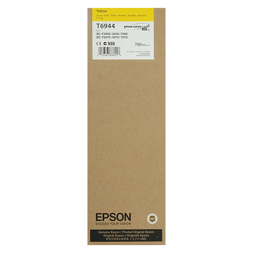 A rectangular brown Epson box labeled "Epson Ultrachrome XD Yellow Ink Cartridge - 700 ml - T694400" features black and yellow text and product details, designed for SureColor T-Series printers.