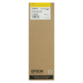 A rectangular brown Epson box labeled "Epson Ultrachrome XD Yellow Ink Cartridge - 700 ml - T694400" features black and yellow text and product details, designed for SureColor T-Series printers.