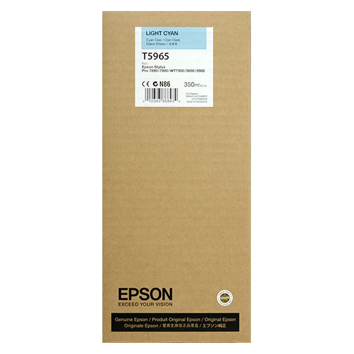 A brown cardboard box labeled Epson Light Cyan Ultrachrome HDR Ink Cartridge - 350ml - T596500, featuring black Epson branding and product details on a blue and white label on the front.