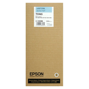 A brown cardboard box labeled Epson Light Cyan Ultrachrome HDR Ink Cartridge - 350ml - T596500, featuring black Epson branding and product details on a blue and white label on the front.