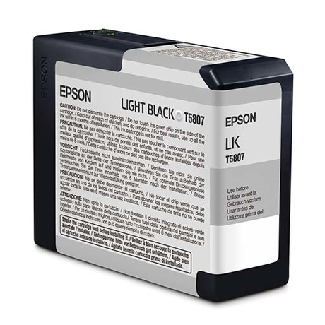 The Epson Pro 3800/3880 Light Black Ink Cartridge 80ml (T580700) delivers archival quality prints with UltraChrome K3 pigment ink, and is labeled in multiple languages for use in Epson printers.