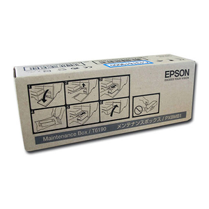 A brown box labeled Epson Replacement Ink Maintenance Tank T619000 for Pro 4900/SureColor P5000/P5370, featuring the Epson logo, Exceed Your Vision text, and illustrated installation instructions.