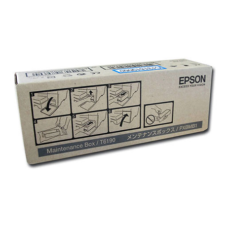 A brown box labeled Epson Replacement Ink Maintenance Tank T619000 for Pro 4900/SureColor P5000/P5370, featuring the Epson logo, Exceed Your Vision text, and illustrated installation instructions.