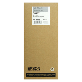 A brown Epson box labeled "Epson Light Black Ultrachrome HDR Ink Cartridge - 150ml - T642700" features model and barcode stickers. "Epson Stylus Pro" and "Exceed Your Vision" are printed at the bottom.