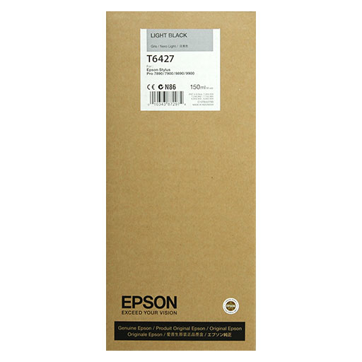 A brown Epson box labeled "Epson Light Black Ultrachrome HDR Ink Cartridge - 150ml - T642700" features model and barcode stickers. "Epson Stylus Pro" and "Exceed Your Vision" are printed at the bottom.