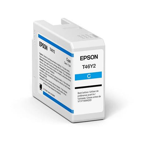 The Epson SureColor P900 Cyan UltraChrome PRO10 Ink Cartridge 50ml (T46Y200) features an expanded colour gamut and comes in white and blue packaging with English and French text.
