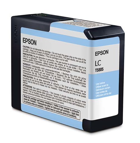 The Epson Pro 3800 / 3880 Light Cyan Ink Cartridge 80ml (T580500) features UltraChrome K3 pigment ink for long-lasting archival prints and includes caution and usage instructions in multiple languages.