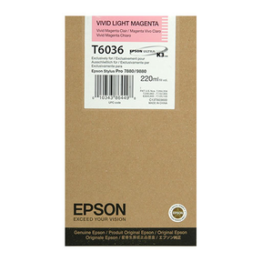 Epson Vivid Light Magenta Ultrachrome K3 Ink Cartridge (220ml, T603600) for Epson Stylus Pro 7880. Brown box with pink and white label, Epson logo, and quality seals.