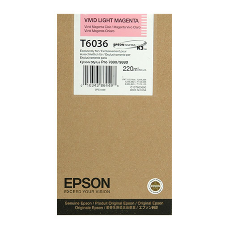 Epson Vivid Light Magenta Ultrachrome K3 Ink Cartridge (220ml, T603600) for Epson Stylus Pro 7880. Brown box with pink and white label, Epson logo, and quality seals.
