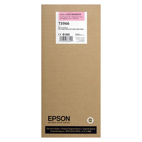 A brown Epson box labeled Epson Vivid Light Magenta UltraChrome HDR Ink Cartridge 350ml (T596600), for large format printers, with Epson branding and Exceed Your Vision slogan at the bottom.