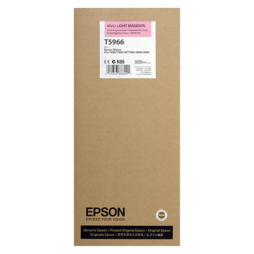 A brown Epson box labeled Epson Vivid Light Magenta UltraChrome HDR Ink Cartridge 350ml (T596600), for large format printers, with Epson branding and Exceed Your Vision slogan at the bottom.