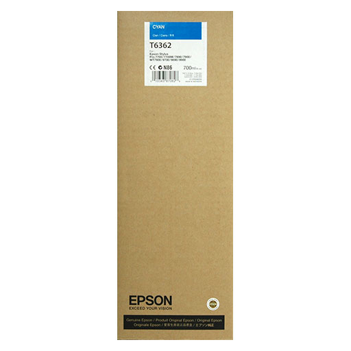 Epson Cyan Ultrachrome HDR Ink Cartridge (700ml, T636200) in a brown rectangular box with "Cyan" and "T6362" at the top, blue-white sticker, for Stylus Pro printers. Epson logo and product details are shown at the bottom.