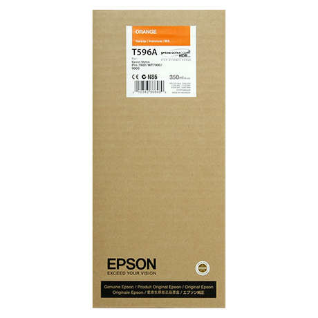 A cardboard box labeled "Epson Orange Ultrachrome HDR Ink Cartridge - 350ml - T596A00" for Epson Stylus Pro 7900, using UltraChrome HDR pigment ink. The box features the Epson logo and the Exceed Your Vision slogan at the bottom.