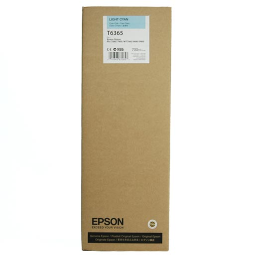A tall, rectangular brown box labeled as Epson Light Cyan UltraChrome HDR Ink Cartridge - 700ml - T636500. The packaging features the Epson logo and is designed for Stylus Pro printers using UltraChrome HDR pigment ink.