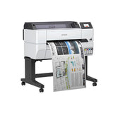 The Epson SureColor T3475 24" Wide Printer by Epson is a large-format wireless inkjet printer on wheels, featuring a display screen and multiple visible ink cartridges, printing detailed, colorful architectural plans with images and text.