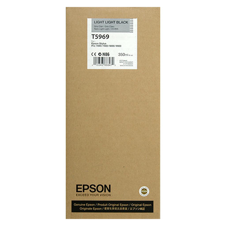 A cardboard box labeled “Epson Light Light Black Ultrachrome HDR Ink Cartridge - 350ml - T596900” for Epson printers, featuring UltraChrome HDR pigment ink and the Epson logo with product details in black text on the front.