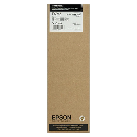A rectangular brown Epson Ultrachrome XD Matte Black Ink Cartridge (700 ml, T694500) box is shown, compatible with SureColor T3270 and T-Series printers. The box displays product details and Epson branding.