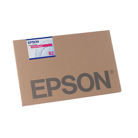 A brown Epson package labeled "Epson Enhanced Matte Posterboard" features a large gray Epson logo and a product label in the top left corner, ideal for displaying photos.