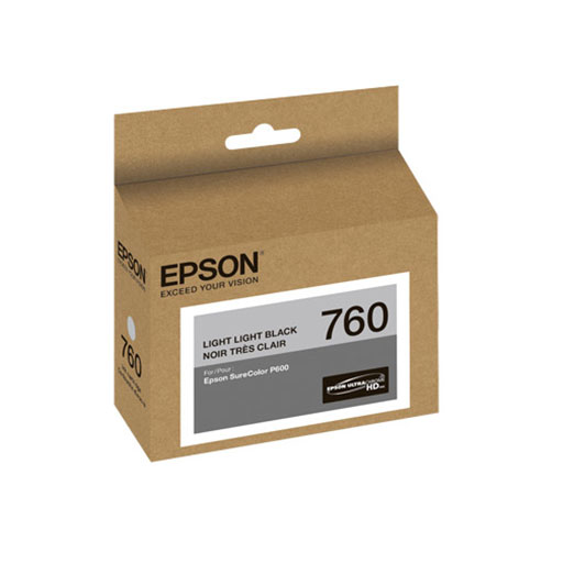 A brown box labeled 760 contains the Epson SureColor P600 Light Light Black Ink Cartridge 25.9 ml (T760920). The packaging features Epson branding, black and white text, and highlights UltraChrome HD ink for exceptional photographic clarity.
