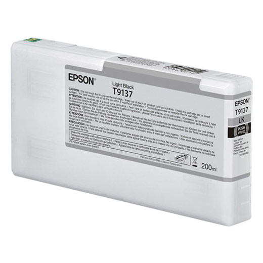 The Epson SureColor P5000 Light Black UltraChrome HDX Ink Cartridge (T913700) is a 200ml rectangular cartridge, mostly white with a gray Epson label and black details, designed for Epson SureColor printers.