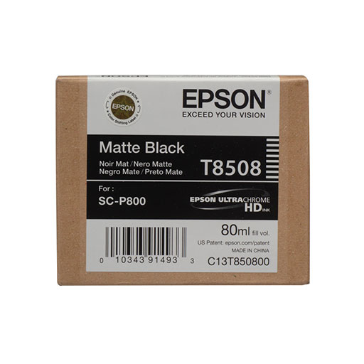 The Epson SureColor P800 Matte Black Ink Cartridge 80ml (T85080N) by Epson is designed for SC-P800 printers and features advanced photographic ink technology, with product details and barcode on the front.