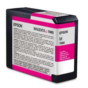 The Epson Pro 3800 Magenta Ink Cartridge 80ml (T580300) uses Epson UltraChrome K3 pigment ink and displays caution instructions plus usage directions on its white and pink-labeled front and side panels.