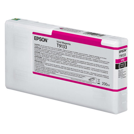 The Epson SureColor P5000 Vivid Magenta UltraChrome HDX Ink Cartridge (T913300) by Epson features pigment ink technology, holds 200ml, and is primarily white with a magenta product label. Designed for Epson SureColor printers.