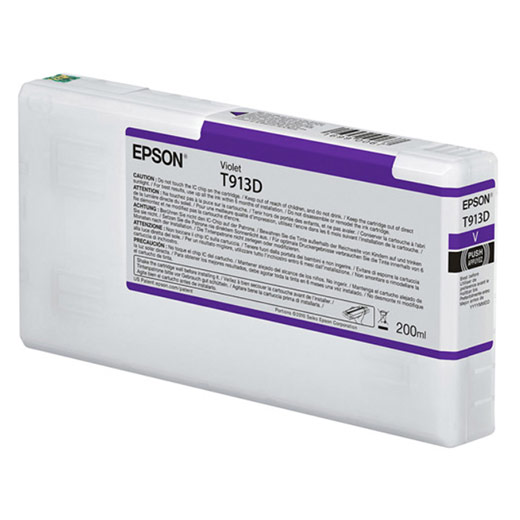 The Epson SureColor P5000 Violet UltraChrome HDX Ink Cartridge (T913D00) is a 200ml pigment ink cartridge with a purple stripe, labeled for caution, compatible with Epson SureColor printers.