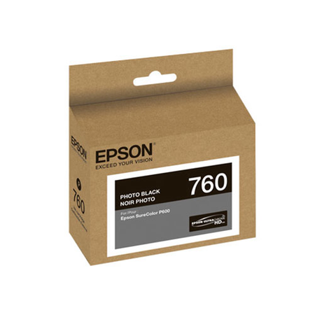 The Epson SureColor P600 Photo Black Ink Cartridge (25.9 ml, T760120) delivers exceptional photographic clarity and features UltraChrome HD ink, compatible with SureColor P600 printers. The box displays Epson branding and product details in black and white text.
