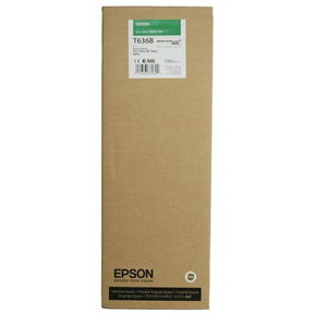 A rectangular brown Epson box with a green and white label at the top identifies it as a 700ml T636B00 Ultrachrome HDR Green Ink Cartridge for Epson Stylus Pro, featuring Epson branding at the bottom.
