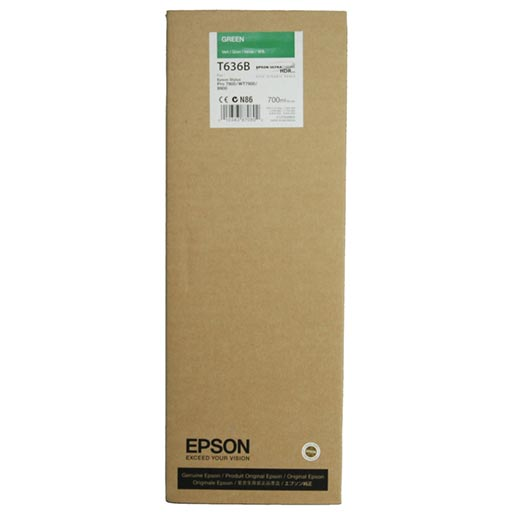 A rectangular brown Epson box with a green and white label at the top identifies it as a 700ml T636B00 Ultrachrome HDR Green Ink Cartridge for Epson Stylus Pro, featuring Epson branding at the bottom.