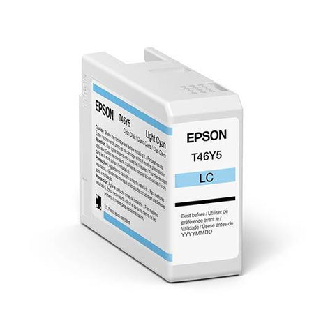 The Epson SureColor P900 Light Cyan UltraChrome PRO10 Ink Cartridge 50ml (T46Y500) by Epson features a rectangular white body with blue accents, labeled LC, and is perfect for professional imaging ink applications.