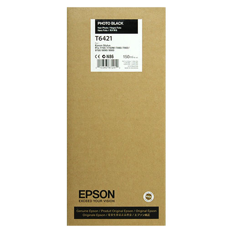 A rectangular brown Epson box labeled "PHOTO BLACK T642100" contains 150ml of Epson UltraChrome HDR pigment ink for Stylus Pro printers. The Epson logo and "EXCEED YOUR VISION" tagline appear at the bottom.