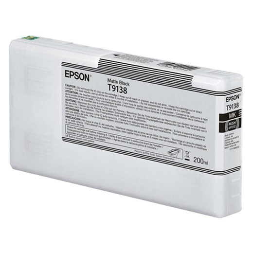 The Epson SureColor P5000 Matte Black UltraChrome HDX Ink Cartridge (T913800) features pigment ink and multi-language usage info on the front, designed for Epson SureColor printers.