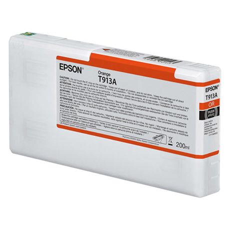 The Epson SureColor P5000 Orange UltraChrome HDX Ink Cartridge (T913A00) by Epson is a 200ml rectangular cartridge with a white and orange label, made for SureColor printers and features advanced pigment ink technology.