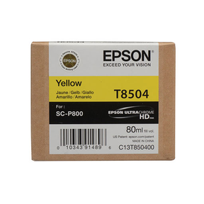 The Epson SureColor P800 Yellow Ink Cartridge 80ml (T850400) by Epson features advanced photographic ink technology for superior imaging and comes in brown packaging with a yellow label, compatible with SC-P800 printers.