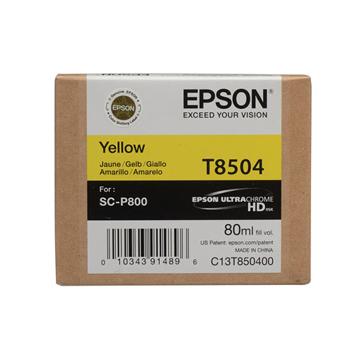 The Epson SureColor P800 Yellow Ink Cartridge 80ml (T850400) by Epson features advanced photographic ink technology for superior imaging and comes in brown packaging with a yellow label, compatible with SC-P800 printers.