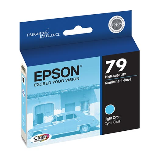 The Epson Stylus Photo 1400/Artisan 1430 Light Cyan Ink Cartridge (T079520) by Epson comes in blue packaging with a car, building, Epson branding, and "Exceed Your Vision" on the front—ideal for high-volume printing.