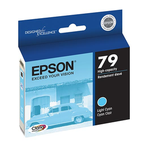 The Epson Stylus Photo 1400/Artisan 1430 Light Cyan Ink Cartridge (T079520) by Epson comes in blue packaging with a car, building, Epson branding, and "Exceed Your Vision" on the front—ideal for high-volume printing.