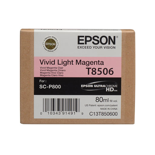The Epson SureColor P800 Vivid Light Magenta Ink Cartridge 80ml (T85060N) features advanced photographic ink, with barcode and product details on the front label. Brand: Epson.