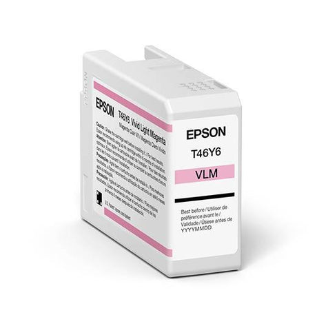 The Epson SureColor P900 Vivid Light Magenta UltraChrome PRO10 Ink Cartridge T46Y600 (50ml) features English-French text on white and pink packaging, ideal for professional imaging with archival pigment ink.