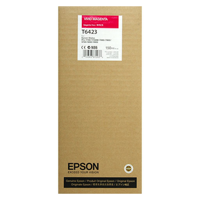 A cardboard box labeled Epson Vivid Magenta Ultrachrome HDR Ink Cartridge, 150ml (T642300), pigment ink for Epson Stylus Pro printers, features a pink and white sticker on top and prominent Epson branding at the bottom.