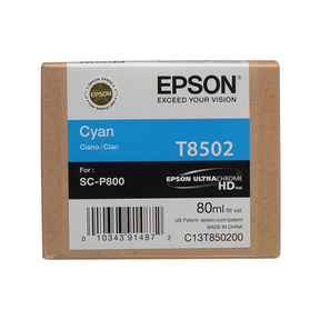 Epson SureColor P800 Cyan Ink Cartridge 80ml (T850200) for SC-P800 printers. Ideal for high-clarity photo imaging, with label in English and French plus a barcode at the bottom. Brand: Epson.