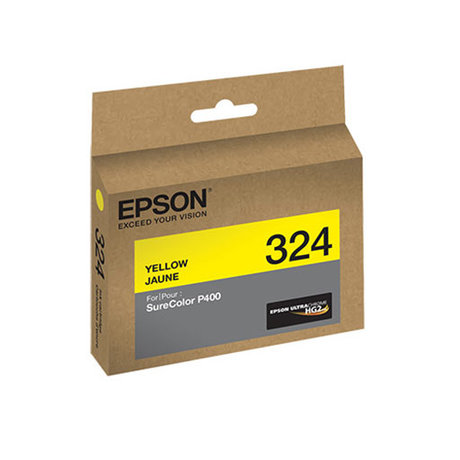 A brown Epson box labeled "Epson SureColor P400 Yellow Ink Cartridge - T324420" for P400 printers, featuring black, yellow, and white text and the UltraChrome HG2 pigment ink logo. Brand: Epson.