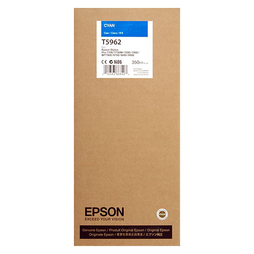A brown Epson box labeled T596200 for Cyan Ultrachrome HDR Ink, 350ml, featuring pigment ink. Compatible with Epson Stylus Pro printers, it has a white and blue sticker showing branding and product details.